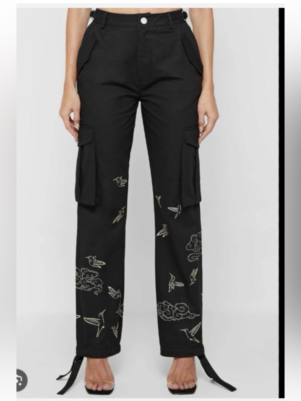 Cloud & Bird Black Embroidered Cargo Pants - Women's